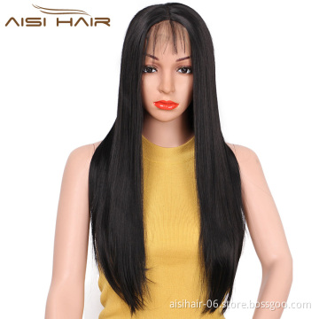 Aisi Hair Top Quality Natural Black Long Straight Synthetic Lace Front Wigs With Baby Hair For Black Women